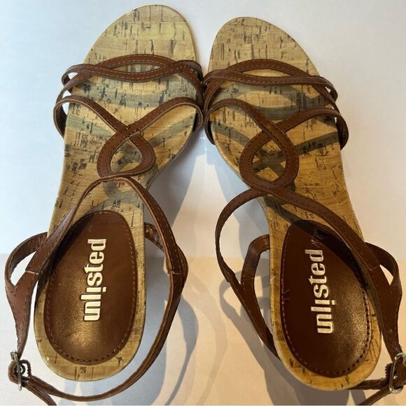Unlisted Women's Wedge Sandals 8 1/2M Brown/Tan Cork Strappy - Picture 7 of 8
